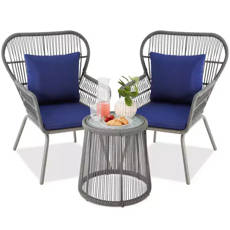 Best Choice Products Ensemble de bistro 3 pièces pour terrasse, osier d'extérieur avec 2 chaises, coussins, table d'appoint