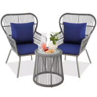 Best Choice Products Ensemble de bistro 3 pièces pour terrasse, osier d'extérieur avec 2 chaises, coussins, table d'appoint