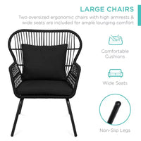 Best Choice Products Ensemble de bistro 3 pièces pour terrasse, osier d'extérieur avec 2 chaises, coussins, table d'appoint