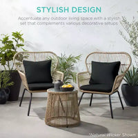 Best Choice Products Ensemble de bistro 3 pièces pour terrasse, osier d'extérieur avec 2 chaises, coussins, table d'appoint