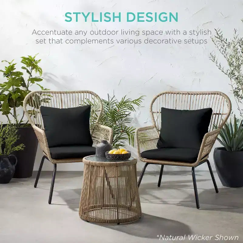 Best Choice Products Ensemble de bistro 3 pièces pour terrasse, osier d'extérieur avec 2 chaises, coussins, table d'appoint