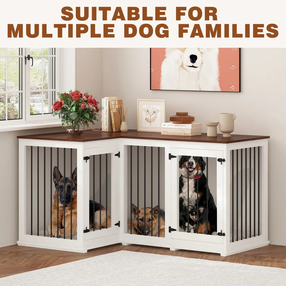 Grand meuble cage d'angle pour chien pour 2 chiens, cage pour chien en forme de L - 58.7X41.1