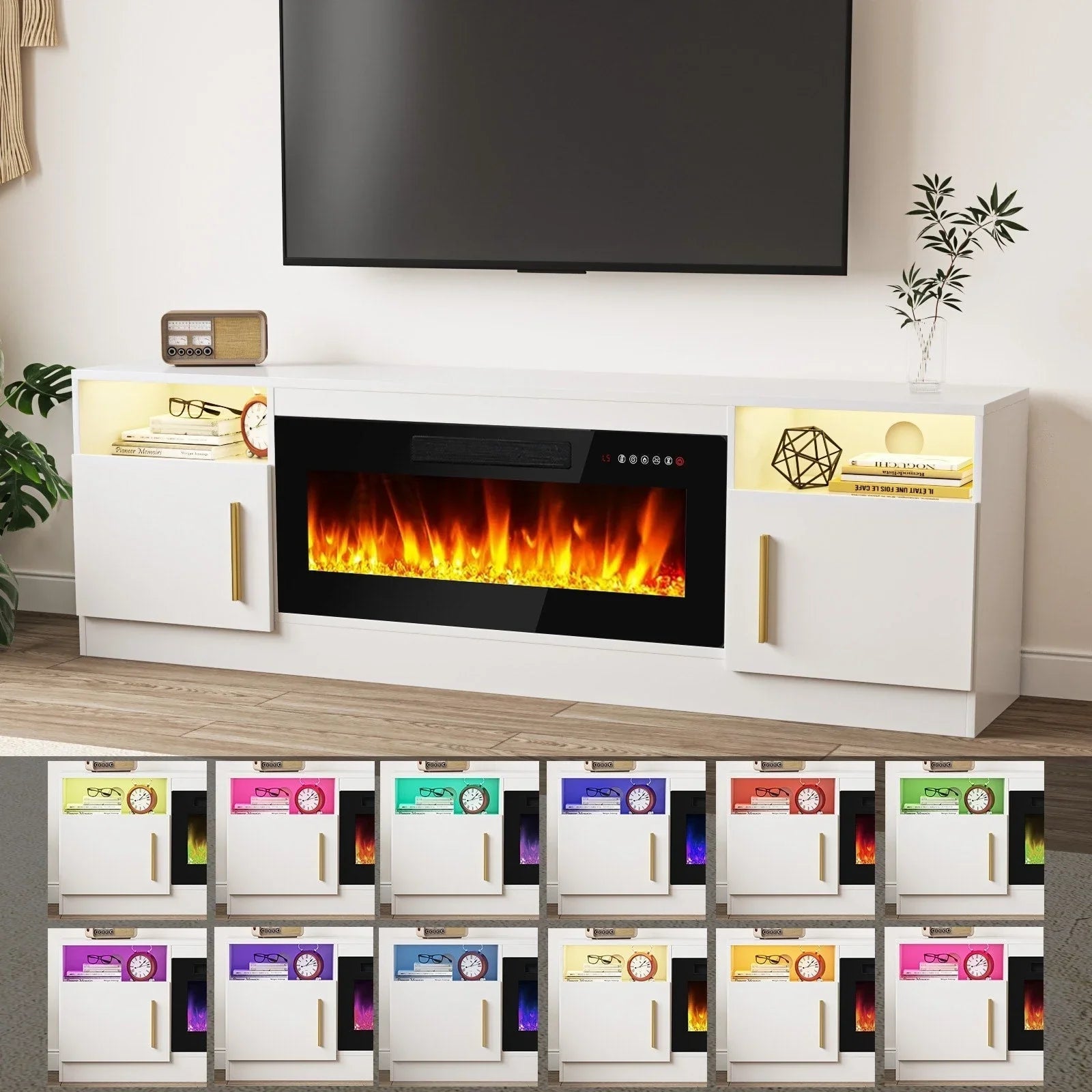 Bossin Meuble TV avec foyer 70 avec foyer électrique 36, meuble TV pour téléviseurs jusqu'à 80, LED 16 couleurs/meuble de divertissement