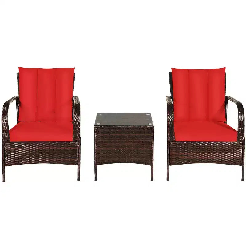 Costway Ensemble mobilier de patio 3 pièces en osier et rotin, table basse et 2 chaises en rotin avec coussins
