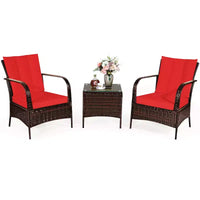 Costway Ensemble mobilier de patio 3 pièces en osier et rotin, table basse et 2 chaises en rotin avec coussins