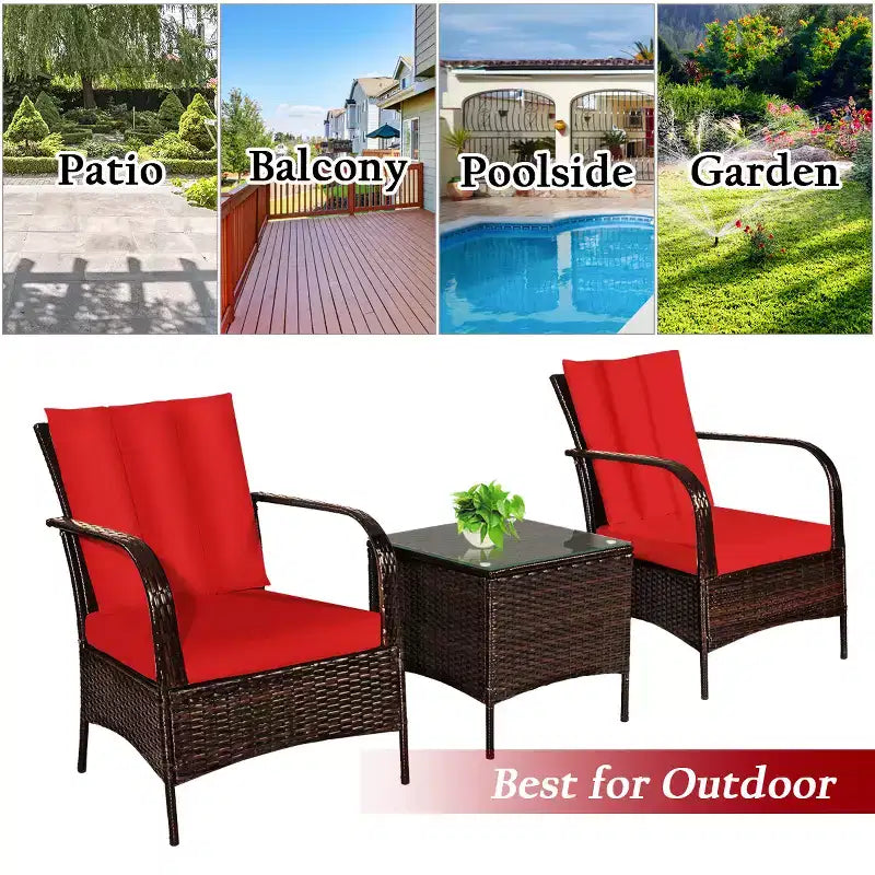 Costway Ensemble mobilier de patio 3 pièces en osier et rotin, table basse et 2 chaises en rotin avec coussins