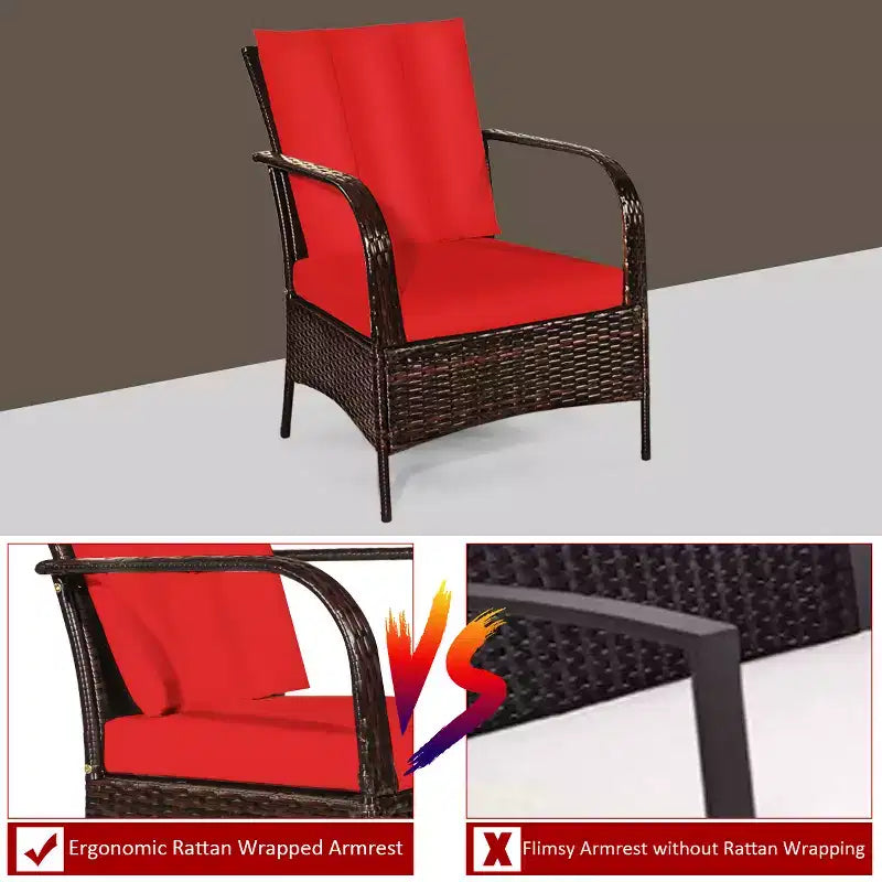 Costway Ensemble mobilier de patio 3 pièces en osier et rotin, table basse et 2 chaises en rotin avec coussins
