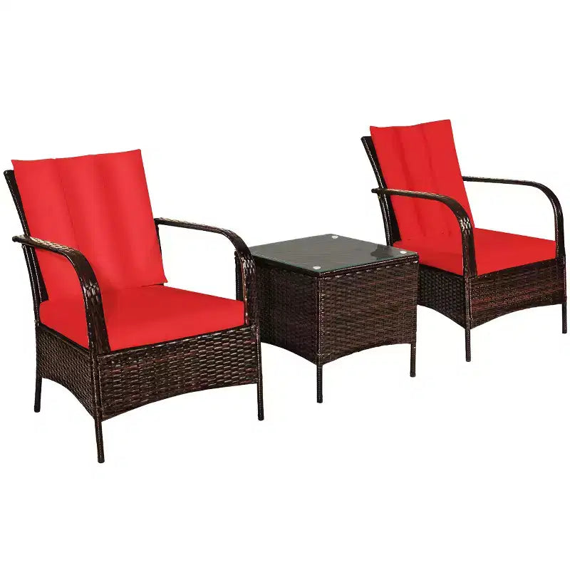 Costway Ensemble mobilier de patio 3 pièces en osier et rotin, table basse et 2 chaises en rotin avec coussins