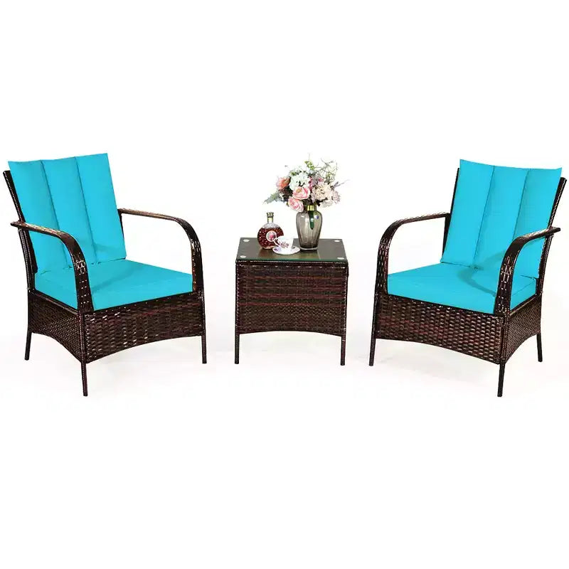 Costway Ensemble mobilier de patio 3 pièces en osier et rotin, table basse et 2 chaises en rotin avec coussins