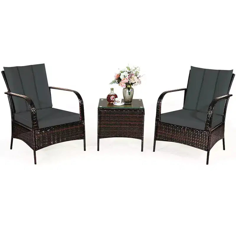 Costway Ensemble mobilier de patio 3 pièces en osier et rotin, table basse et 2 chaises en rotin avec coussins