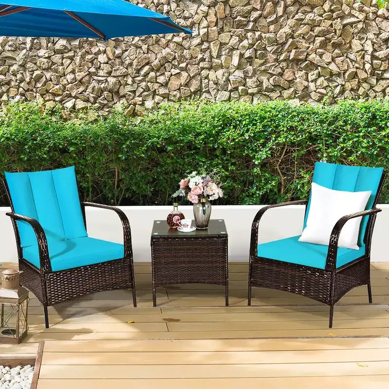 Costway Ensemble mobilier de patio 3 pièces en osier et rotin, table basse et 2 chaises en rotin avec coussins
