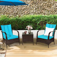 Costway Ensemble mobilier de patio 3 pièces en osier et rotin, table basse et 2 chaises en rotin avec coussins