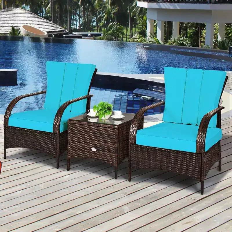 Costway Ensemble mobilier de patio 3 pièces en osier et rotin, table basse et 2 chaises en rotin avec coussins