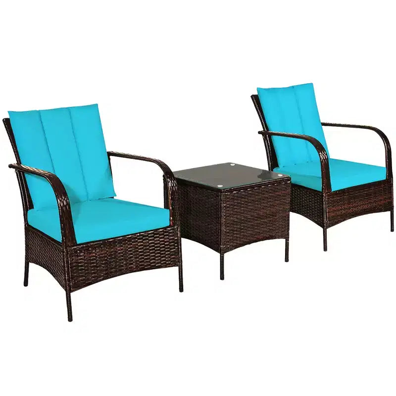 Costway Ensemble mobilier de patio 3 pièces en osier et rotin, table basse et 2 chaises en rotin avec coussins