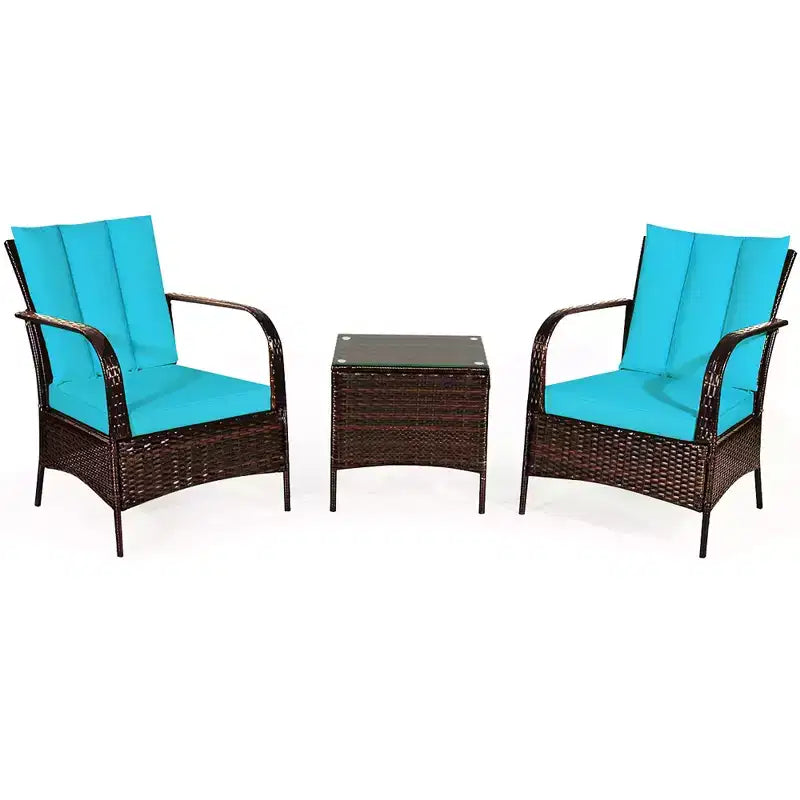 Costway Ensemble mobilier de patio 3 pièces en osier et rotin, table basse et 2 chaises en rotin avec coussins