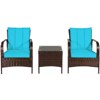 Costway Ensemble mobilier de patio 3 pièces en osier et rotin, table basse et 2 chaises en rotin avec coussins