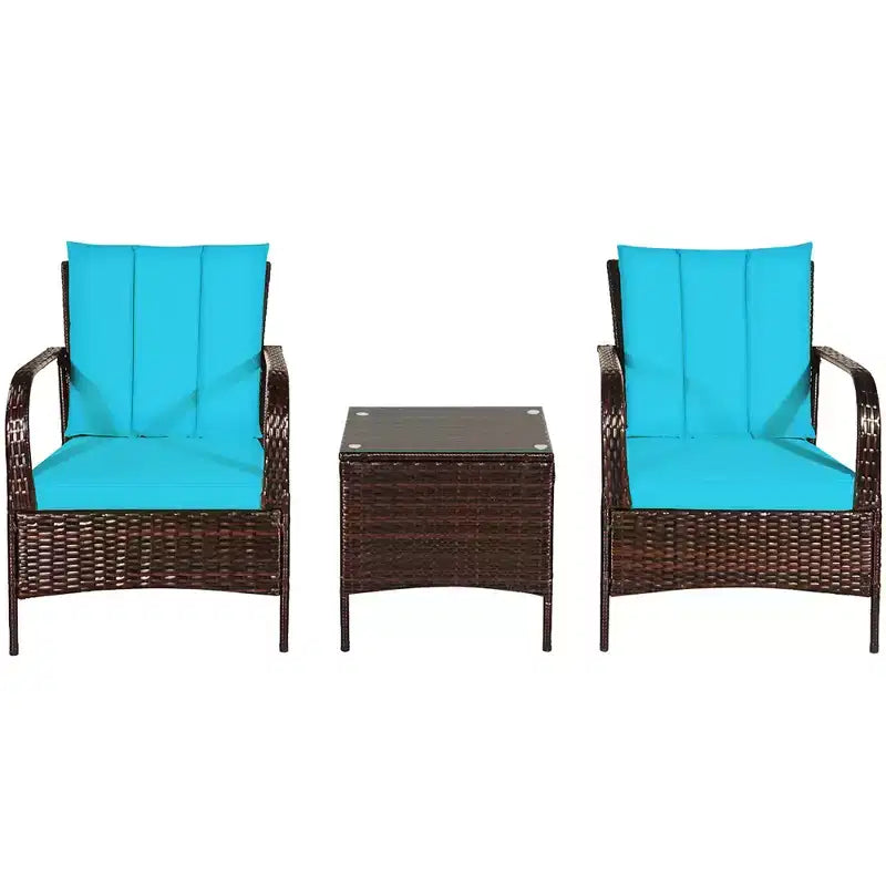 Costway Ensemble mobilier de patio 3 pièces en osier et rotin, table basse et 2 chaises en rotin avec coussins