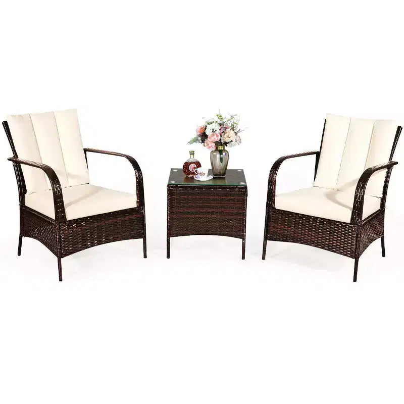 Costway Ensemble mobilier de patio 3 pièces en osier et rotin, table basse et 2 chaises en rotin avec coussins