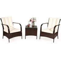 Costway Ensemble mobilier de patio 3 pièces en osier et rotin, table basse et 2 chaises en rotin avec coussins