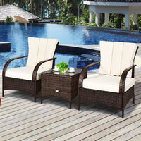 Costway Ensemble mobilier de patio 3 pièces en osier et rotin, table basse et 2 chaises en rotin avec coussins