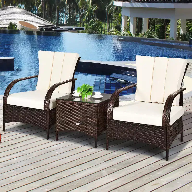 Costway Ensemble mobilier de patio 3 pièces en osier et rotin, table basse et 2 chaises en rotin avec coussins