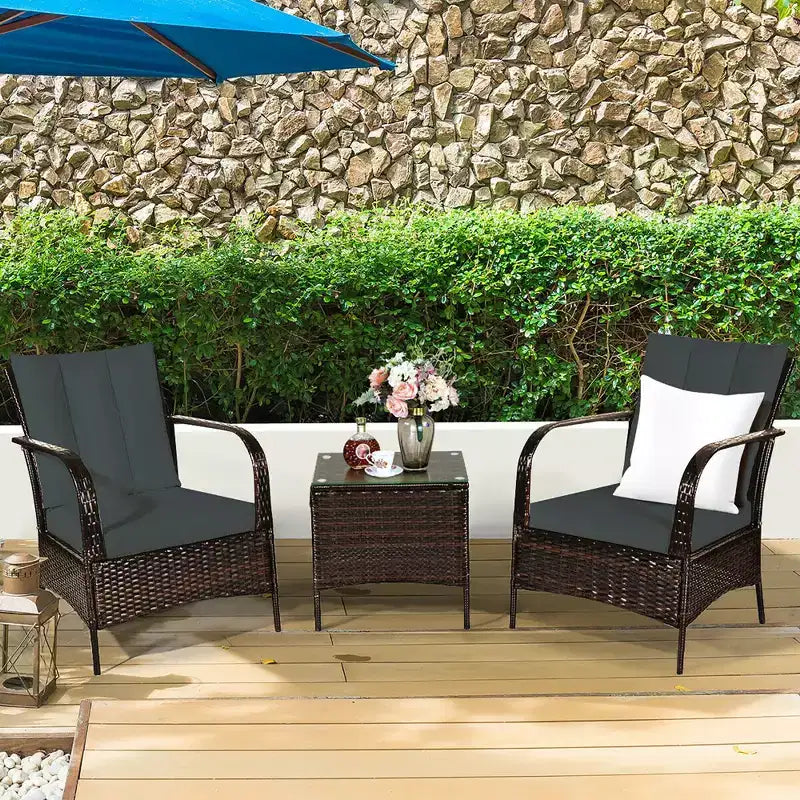 Costway Ensemble mobilier de patio 3 pièces en osier et rotin, table basse et 2 chaises en rotin avec coussins