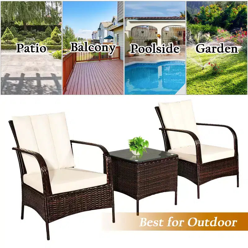 Costway Ensemble mobilier de patio 3 pièces en osier et rotin, table basse et 2 chaises en rotin avec coussins