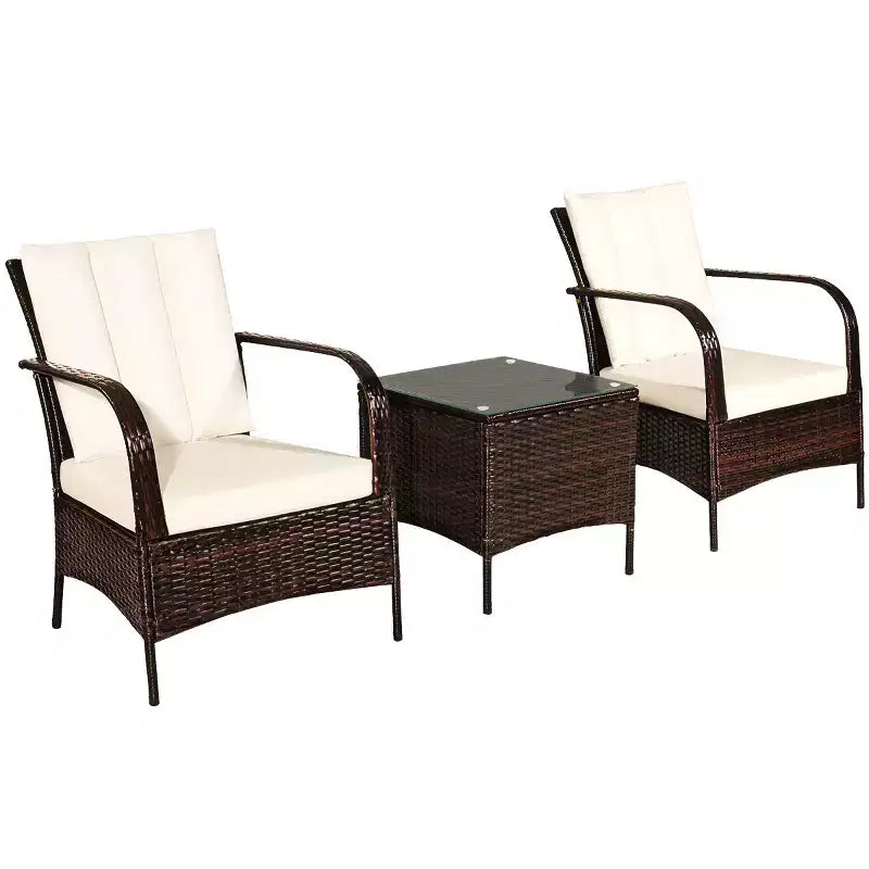 Costway Ensemble mobilier de patio 3 pièces en osier et rotin, table basse et 2 chaises en rotin avec coussins
