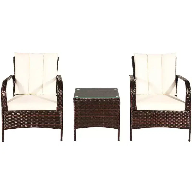 Costway Ensemble mobilier de patio 3 pièces en osier et rotin, table basse et 2 chaises en rotin avec coussins