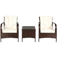 Costway Ensemble mobilier de patio 3 pièces en osier et rotin, table basse et 2 chaises en rotin avec coussins