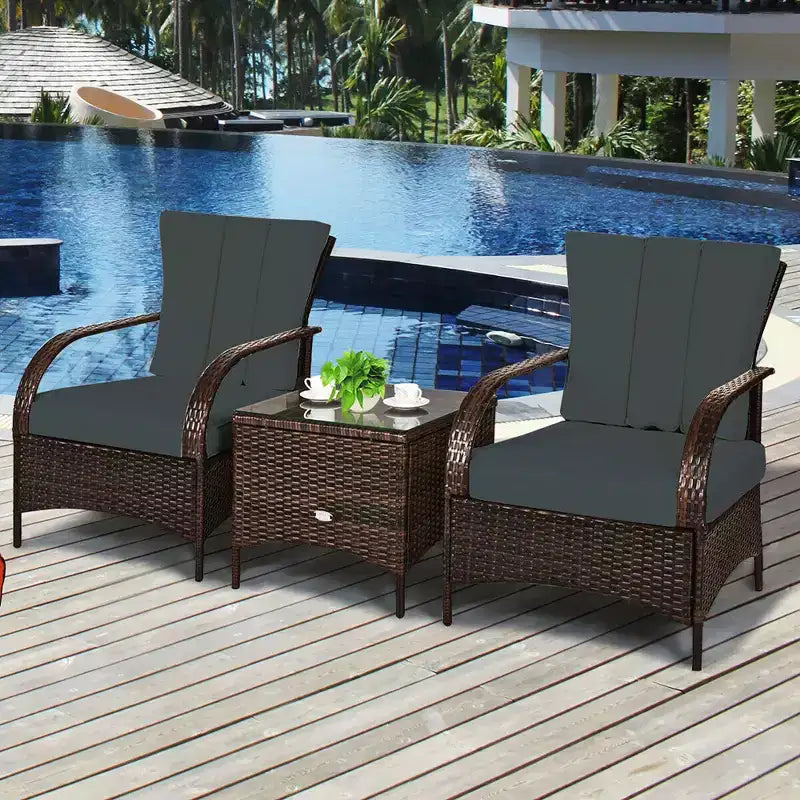 Costway Ensemble mobilier de patio 3 pièces en osier et rotin, table basse et 2 chaises en rotin avec coussins