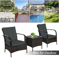 Costway Ensemble mobilier de patio 3 pièces en osier et rotin, table basse et 2 chaises en rotin avec coussins