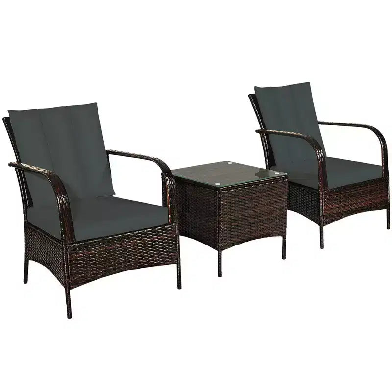 Costway Ensemble mobilier de patio 3 pièces en osier et rotin, table basse et 2 chaises en rotin avec coussins