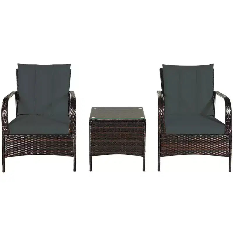 Costway Ensemble mobilier de patio 3 pièces en osier et rotin, table basse et 2 chaises en rotin avec coussins