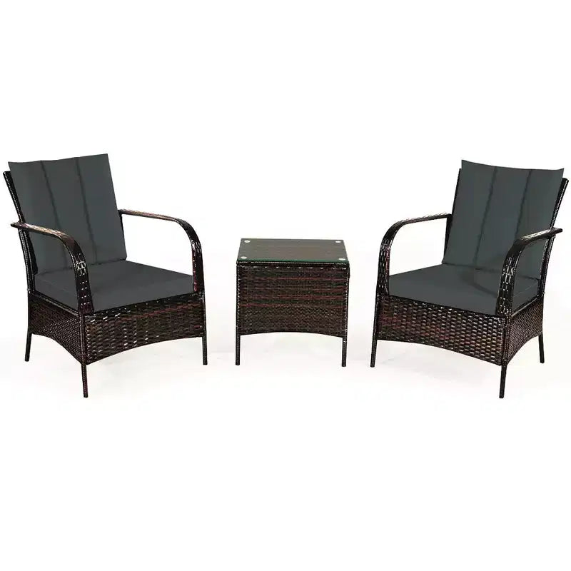 Costway Ensemble mobilier de patio 3 pièces en osier et rotin, table basse et 2 chaises en rotin avec coussins