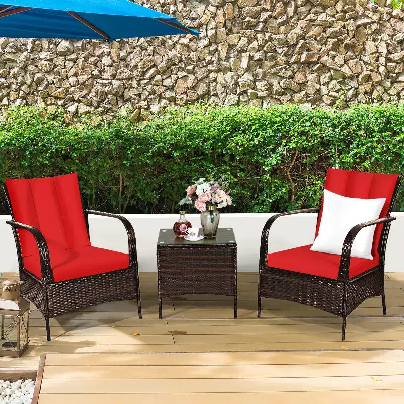 Costway Ensemble mobilier de patio 3 pièces en osier et rotin, table basse et 2 chaises en rotin avec coussins