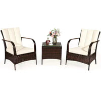 Costway Ensemble mobilier de jardin en rotin 3 pièces Table basse et 2 chaises en rotin avec coussins blancs