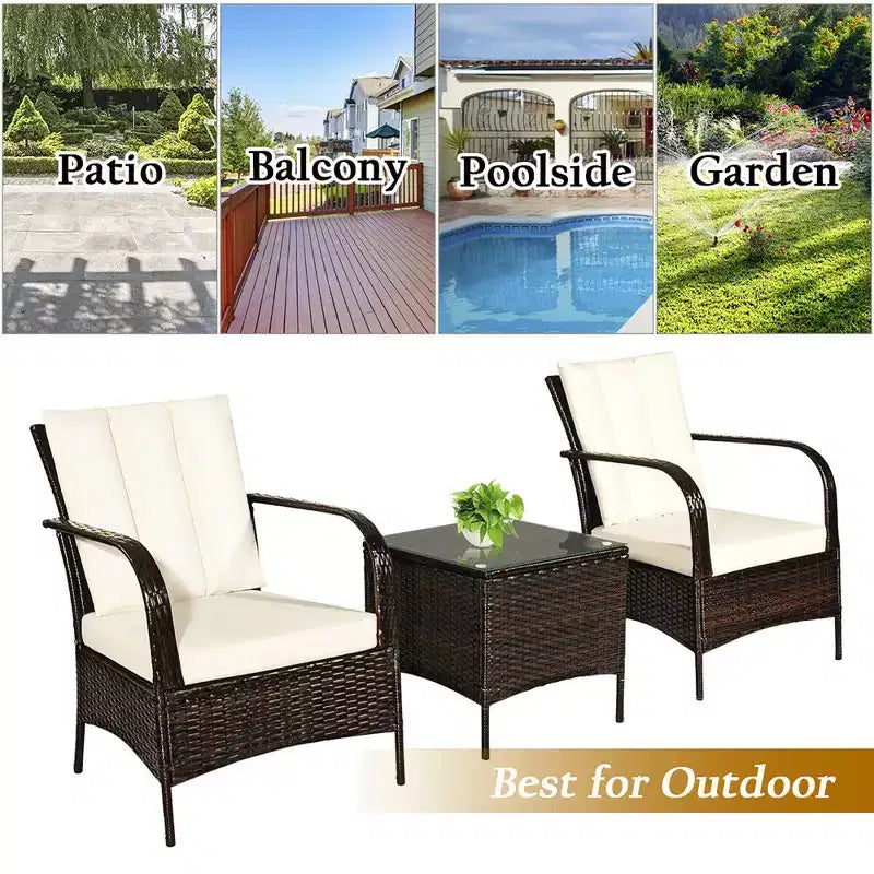 Costway Ensemble mobilier de jardin en rotin 3 pièces Table basse et 2 chaises en rotin avec coussins blancs