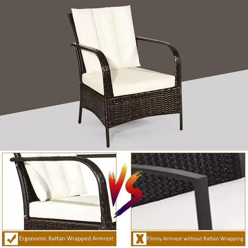 Costway Ensemble mobilier de jardin en rotin 3 pièces Table basse et 2 chaises en rotin avec coussins blancs