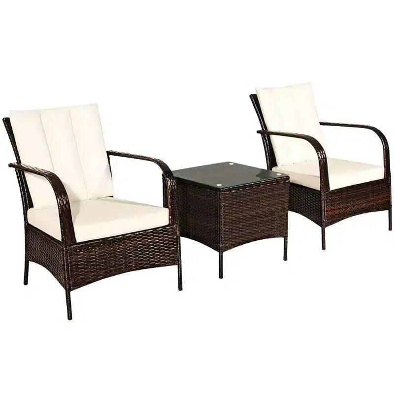 Costway Ensemble mobilier de jardin en rotin 3 pièces Table basse et 2 chaises en rotin avec coussins blancs