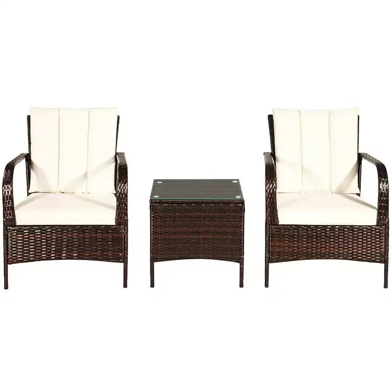 Costway Ensemble mobilier de jardin en rotin 3 pièces Table basse et 2 chaises en rotin avec coussins blancs