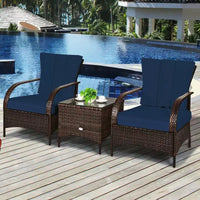 Costway Ensemble de mobilier de patio 3 pièces en rotin - Table basse et 2 chaises en rotin avec coussins bleu marine