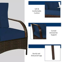 Costway Ensemble de mobilier de patio 3 pièces en rotin - Table basse et 2 chaises en rotin avec coussins bleu marine