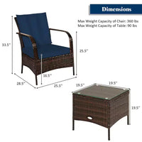 Costway Ensemble de mobilier de patio 3 pièces en rotin - Table basse et 2 chaises en rotin avec coussins bleu marine