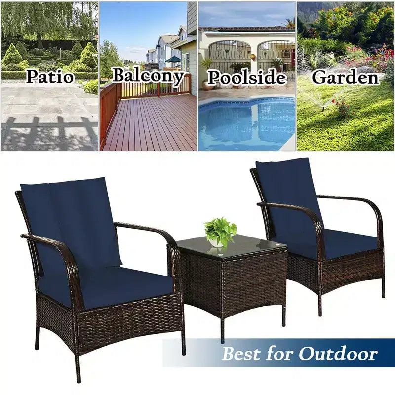 Costway Ensemble de mobilier de patio 3 pièces en rotin - Table basse et 2 chaises en rotin avec coussins bleu marine