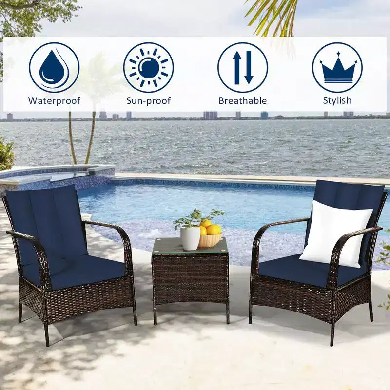 Costway Ensemble de mobilier de patio 3 pièces en rotin - Table basse et 2 chaises en rotin avec coussins bleu marine