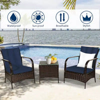 Costway Ensemble de mobilier de patio 3 pièces en rotin - Table basse et 2 chaises en rotin avec coussins bleu marine