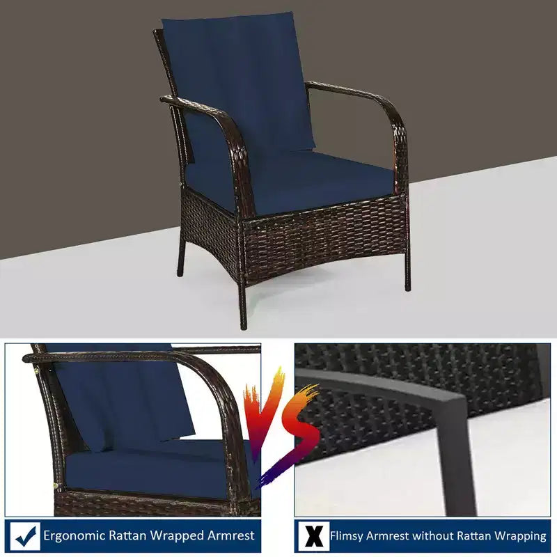 Costway Ensemble de mobilier de patio 3 pièces en rotin - Table basse et 2 chaises en rotin avec coussins bleu marine