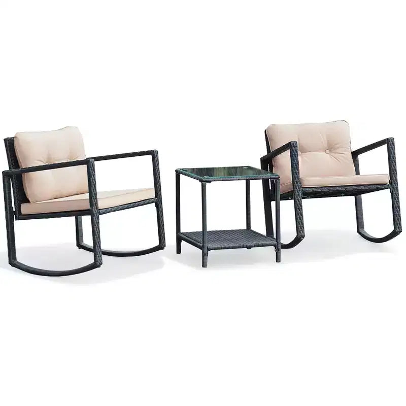 Costway Ensemble de mobilier bistro de patio 3 pièces en résine tressée avec 2 chaises à bascule, table d'appoint en verre, coussins Rouge/Beige