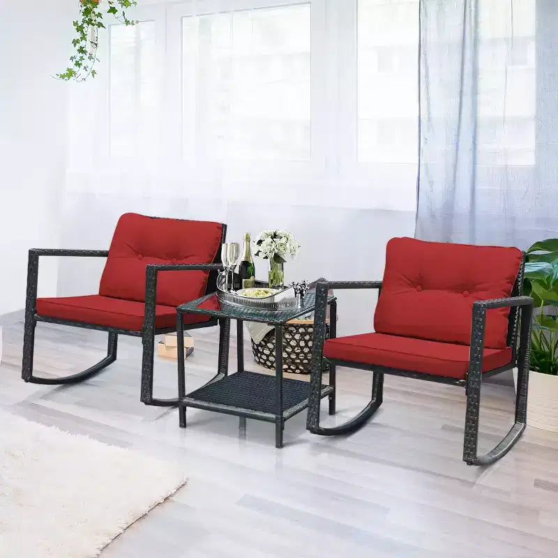 Costway Ensemble de mobilier bistro de patio 3 pièces en résine tressée avec 2 chaises à bascule, table d'appoint en verre, coussins Rouge/Beige